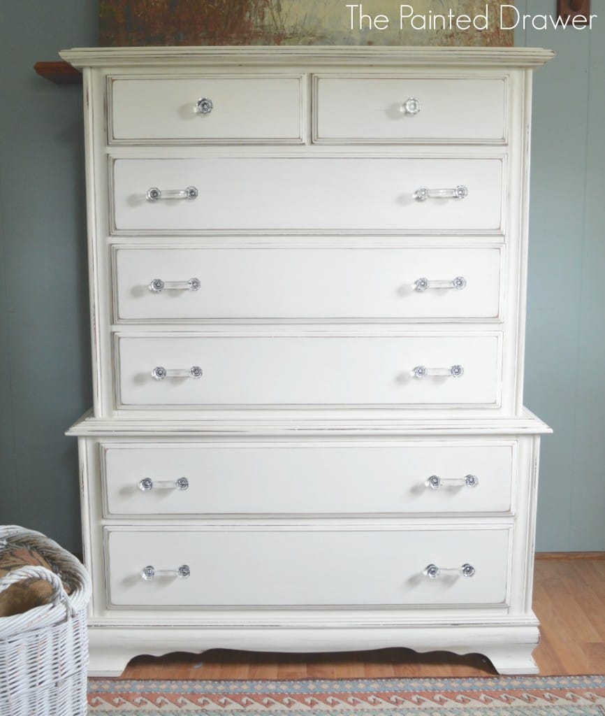 Creamy White Vintage Dresser www.thepainteddrawer.com