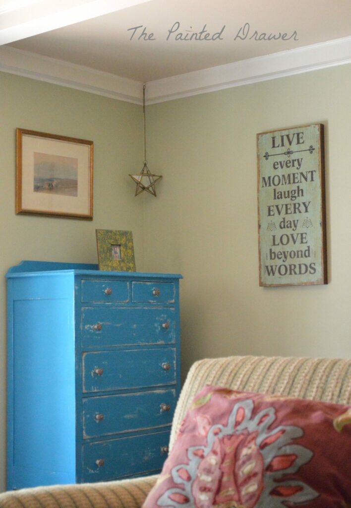 Family Room in BM Guilford Green with Thrift Store Finds, www.thepainteddrawer.com, whitewashed brick, thrift store finds,