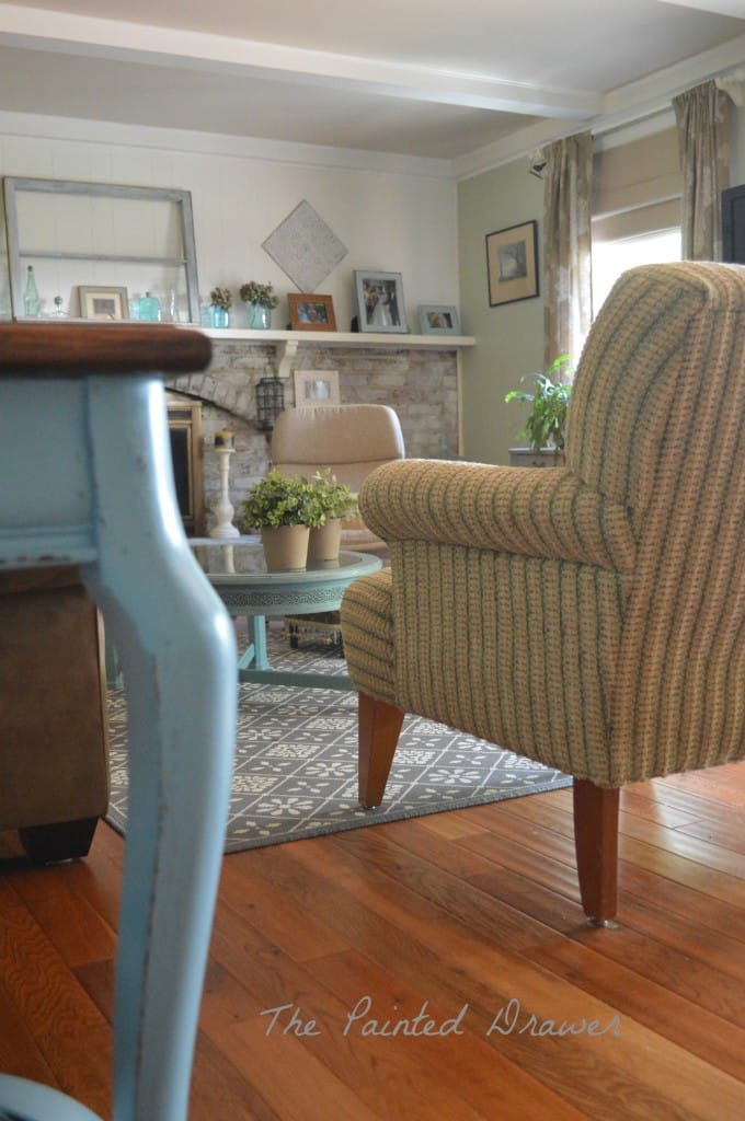 Family Room in BM Guilford Green with Thrift Store Finds, www.thepainteddrawer.com, whitewashed brick, thrift store finds,