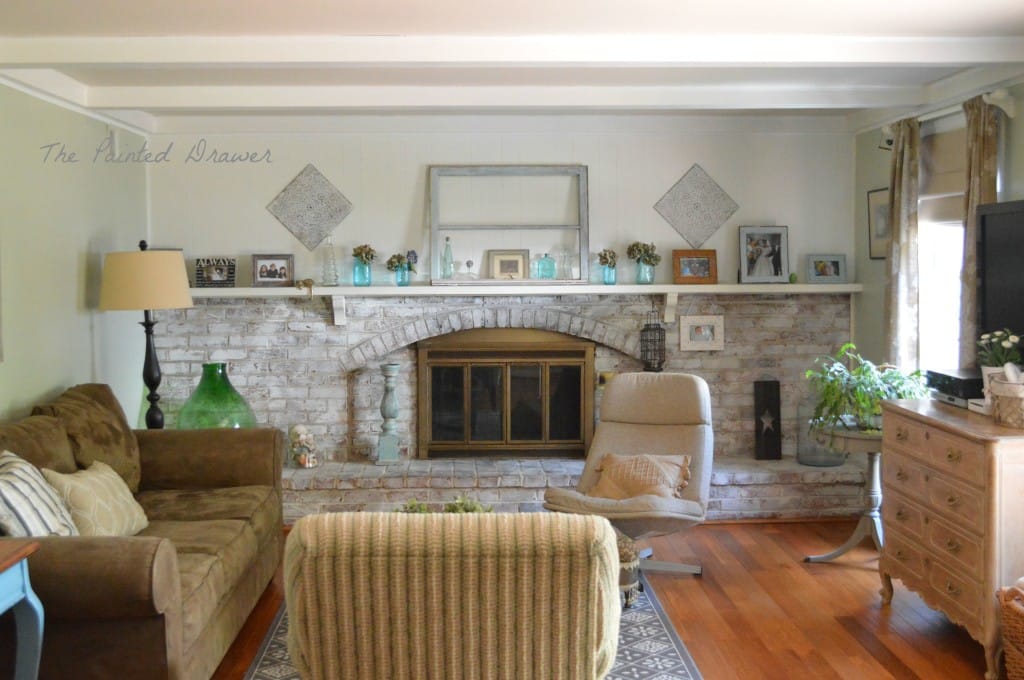 Family Room in BM Guilford Green with Thrift Store Finds, www.thepainteddrawer.com, whitewashed brick, thrift store finds,