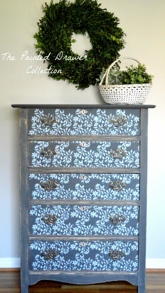 Graphite and Gold Stenciled Farmhouse Dresser