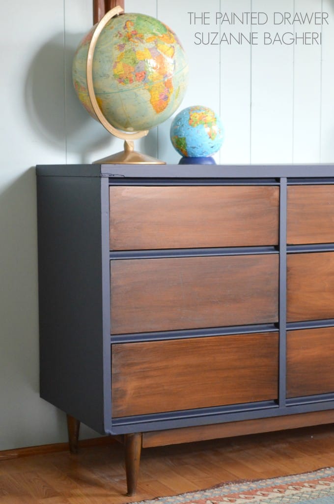 Mid-Century Modern dresser makeover in navy with stain