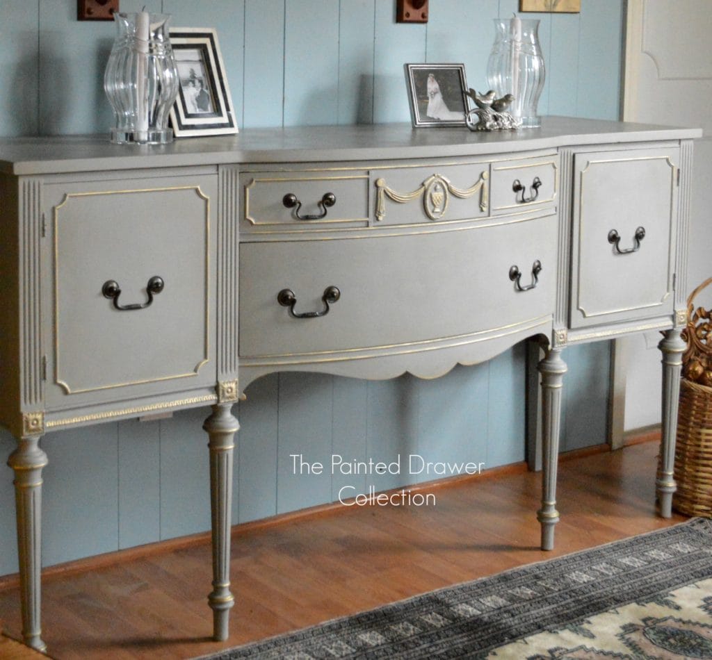 French Sideboard painted in Annie Sloan French Linen with dark and clear wax and Cire a Dorer gold gilding wax - more before and afters on www.thepainteddrawer.com