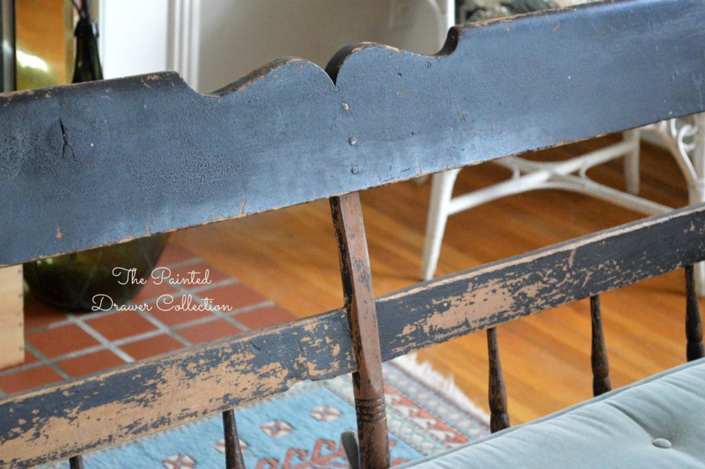 Vintage Deacon Bench, Painted Black, antique bench, A vintage deacon's bench with a chippy paint finish is this week's favorite find Monday on www.thepainteddrawer.com!