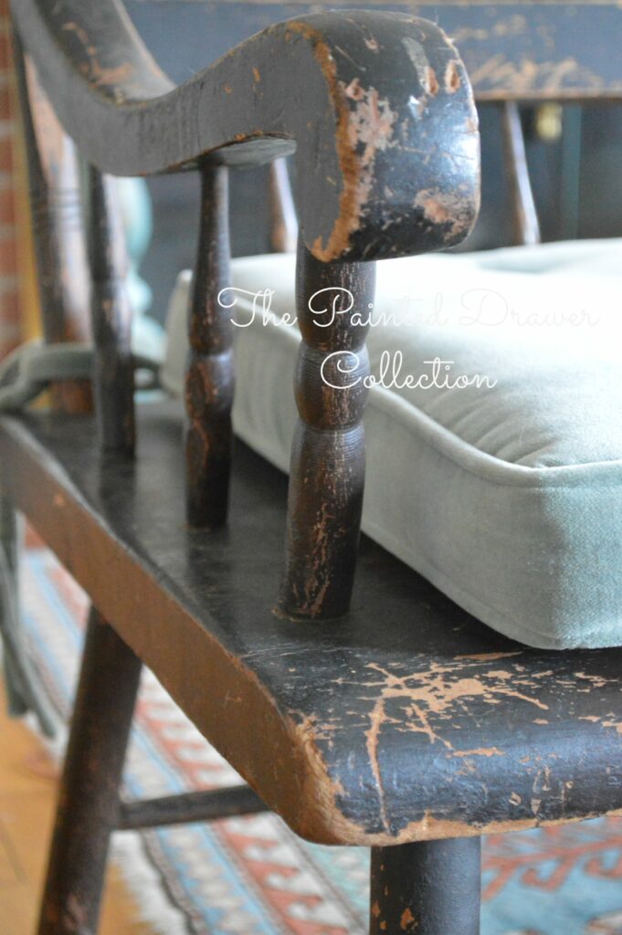 Vintage Deacon Bench, Painted Black, antique bench, A vintage deacon's bench with a chippy paint finish is this week's favorite find Monday on www.thepainteddrawer.com!