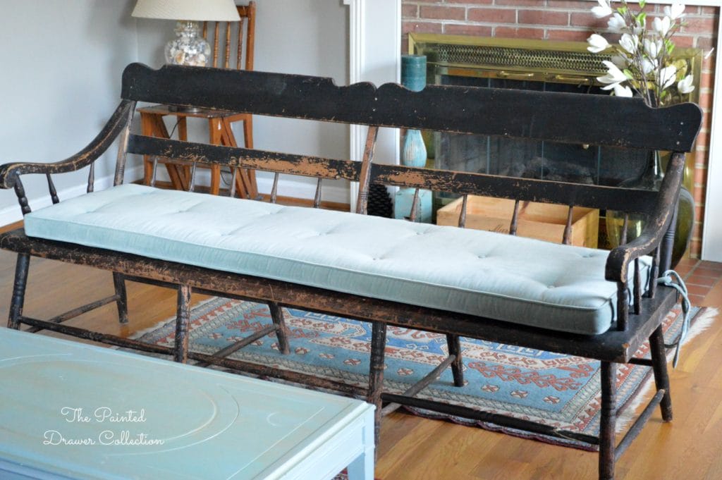 Vintage Deacon Bench, Painted Black, antique bench, Farmhouse Bench, A vintage deacon's bench with a chippy paint finish is this week's favorite find Monday on www.thepainteddrawer.com!