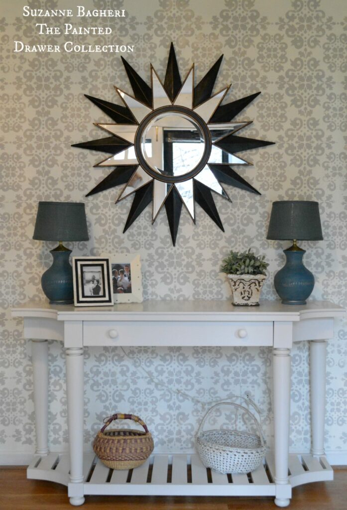 Stenciled Foyer Walls in BM Revere Pewter with full tutorial on the blog www.thepainteddrawer