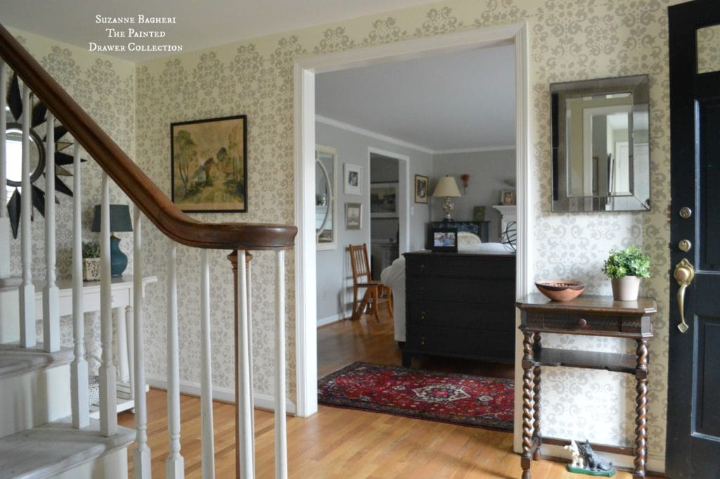 Stenciled Walls, Stenciled Foyer Walls in Benjamin Moore Revere Pewter - full tutorial on www.thepainteddrawer