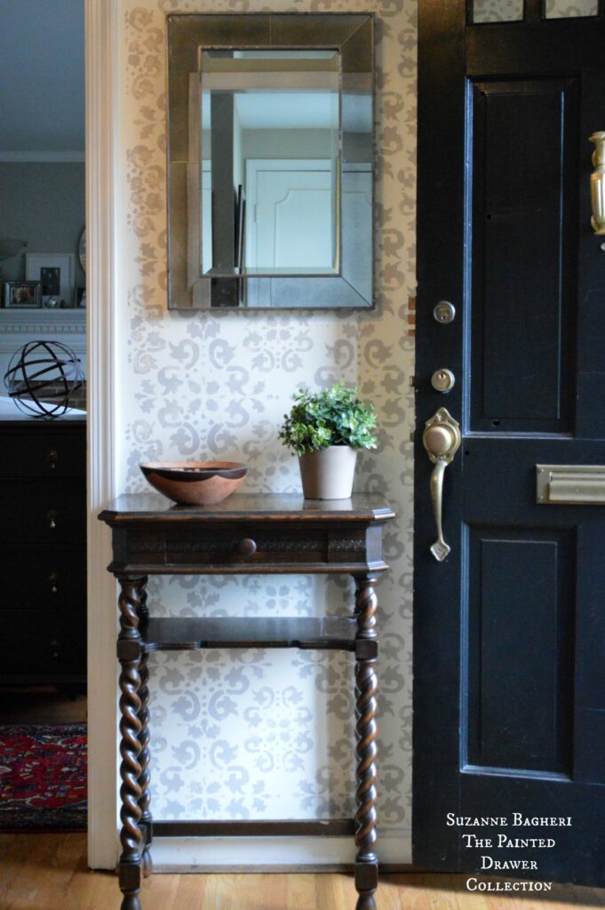 Stenciled Walls in Foyer with Vintage Mirror - full tutorial on www.thepainteddrawr