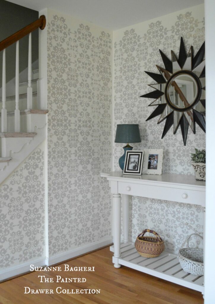 Stenciled Walls in the foyer by www.thepainteddrawer.com full tutorial on blog