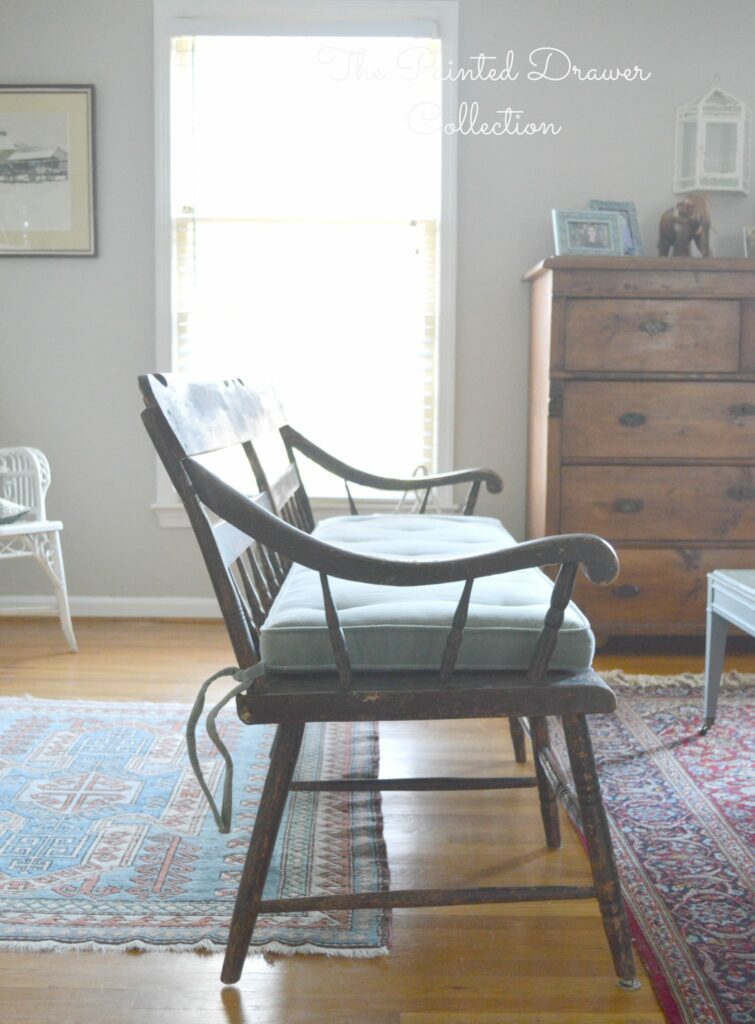 Vintage Deacon Bench, Painted Black, antique bench, Farmhouse Bench, A vintage deacon's bench with a chippy paint finish is this week's favorite find Monday on www.thepainteddrawer.com!