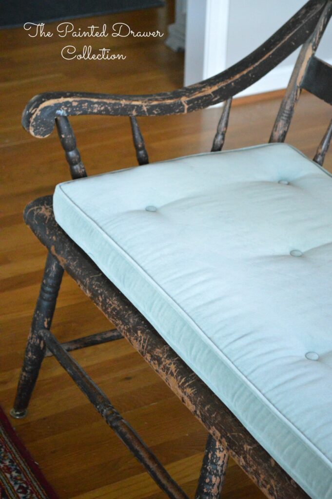 Vintage Deacon Bench, Painted Black, antique bench, A vintage deacon's bench with a chippy paint finish is this week's favorite find Monday on www.thepainteddrawer.com!