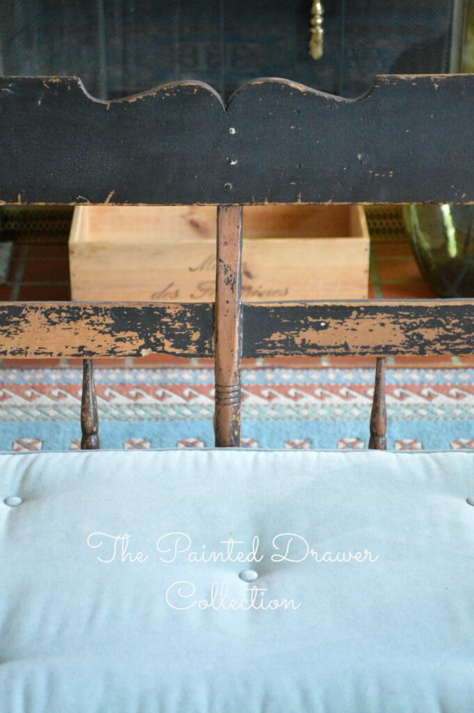 Vintage Deacon Bench, Painted Black, antique bench, A vintage deacon's bench with a chippy paint finish is this week's favorite find Monday on www.thepainteddrawer.com!