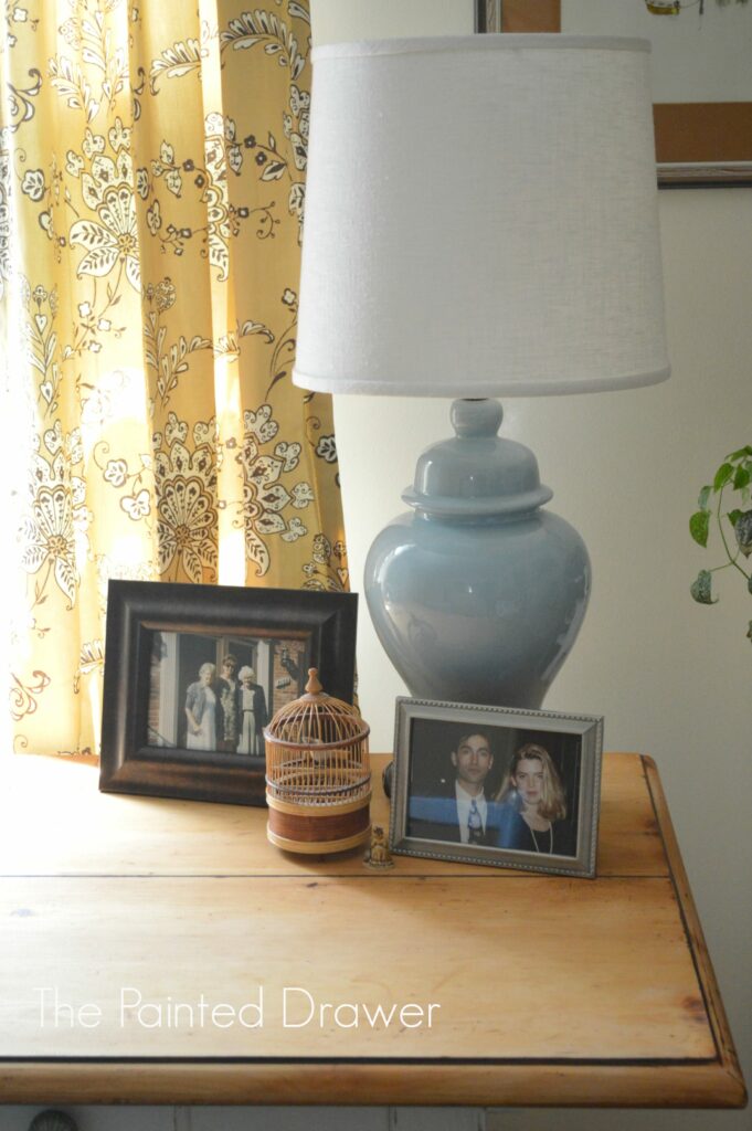 Home Office, vintage ceramic lamp, mustard curtains, country room, www.thepainteddrawer.com