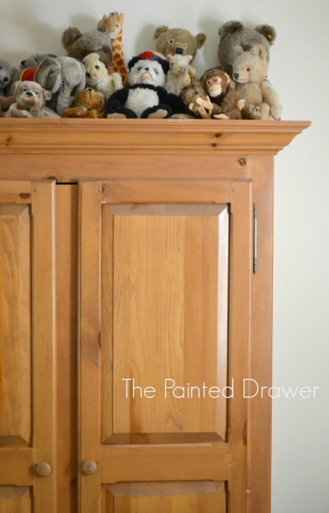 Steiff Stuffed Animals, vintage armoire, steiff collection www.thepainteddrawer.com