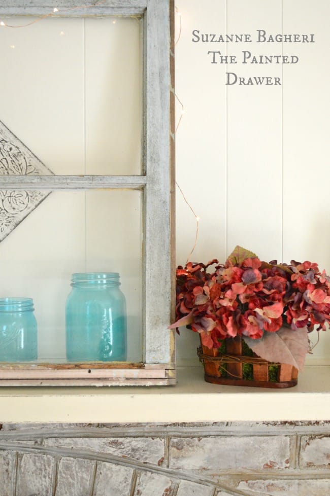 summer mantel, blue mason jar, whitewashed brick