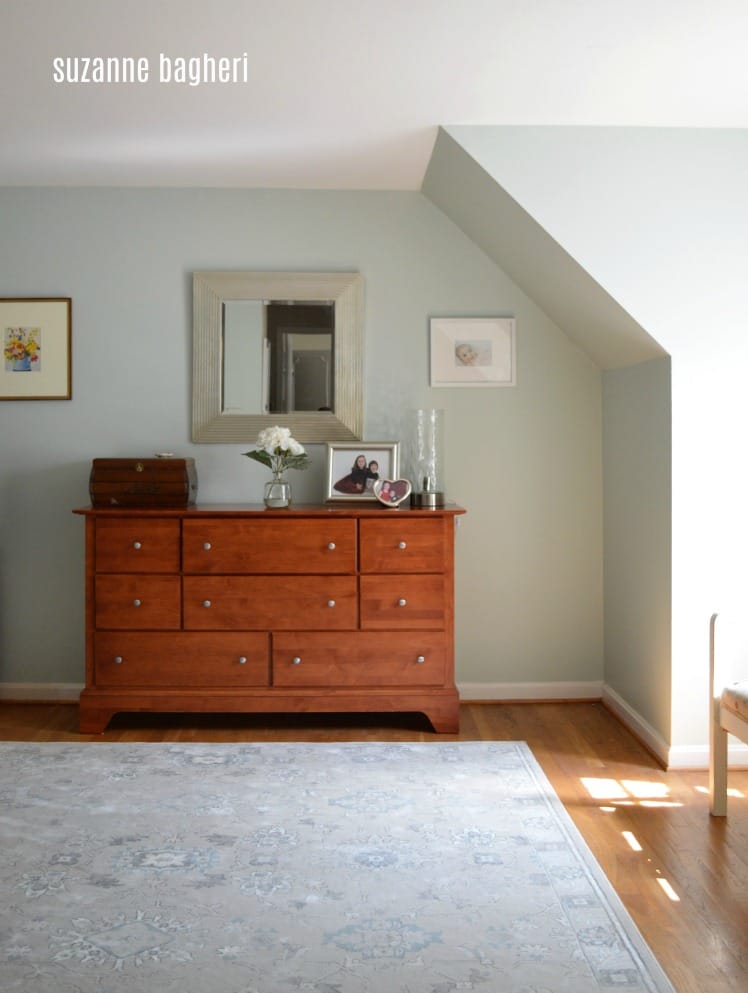 master bedroom in sherwin williams sea salt with thrift store finds